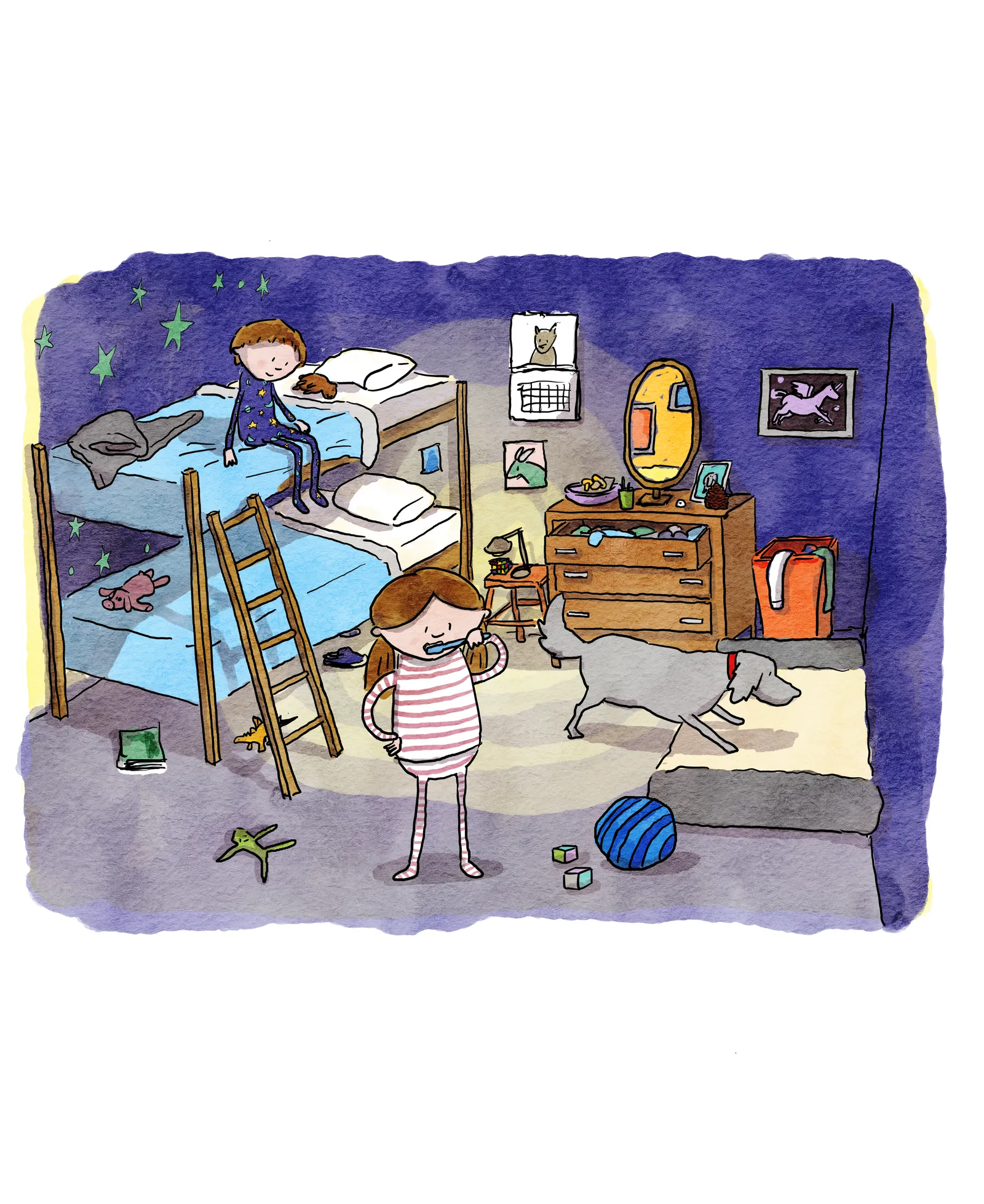 Two children brush their teeth in a cozy bedroom at night while a grey dog trots past, from Toby's a Mensch.