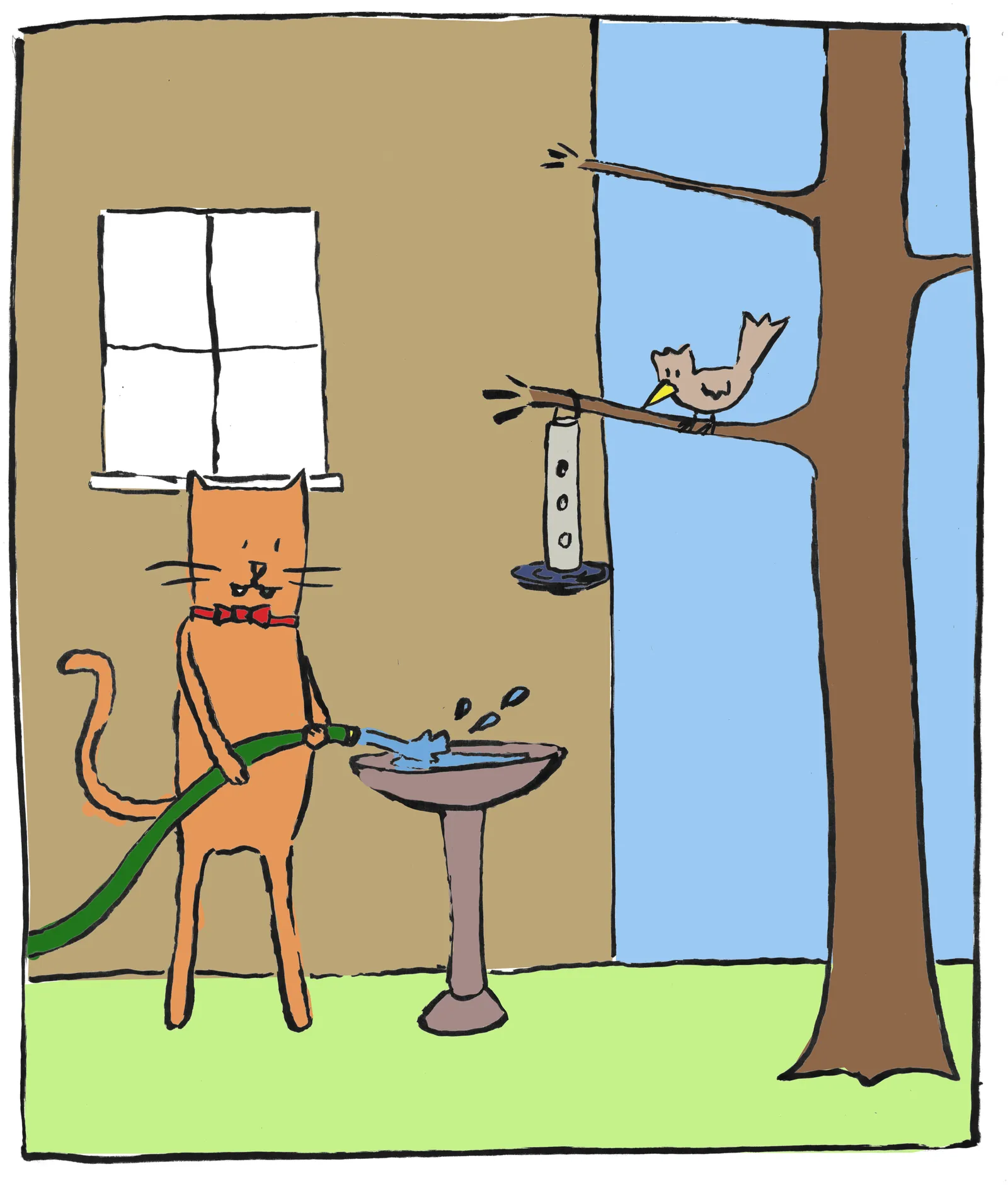 A cartoon cat fills a birdbath with a garden hose while a small bird waits on a branch.