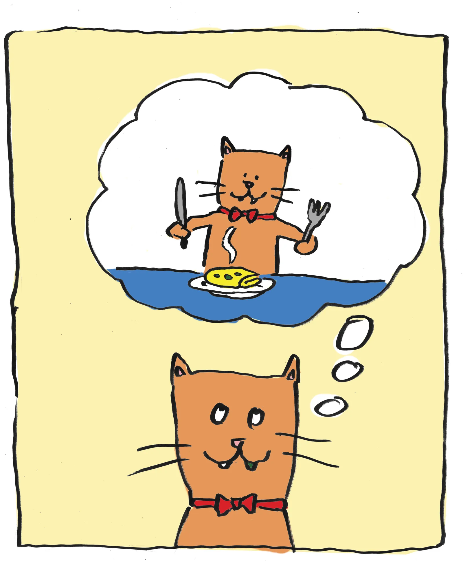 A cartoon cat daydreams, in a thought bubble, of sitting down to a fish dinner with a knife and fork.