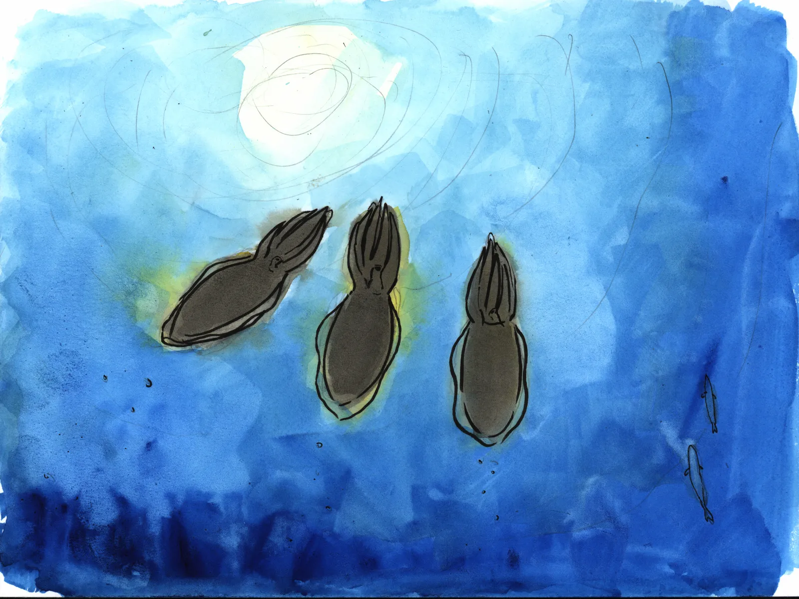 Three dark cuttlefish drift upward through deep blue water toward a glowing light at the surface.