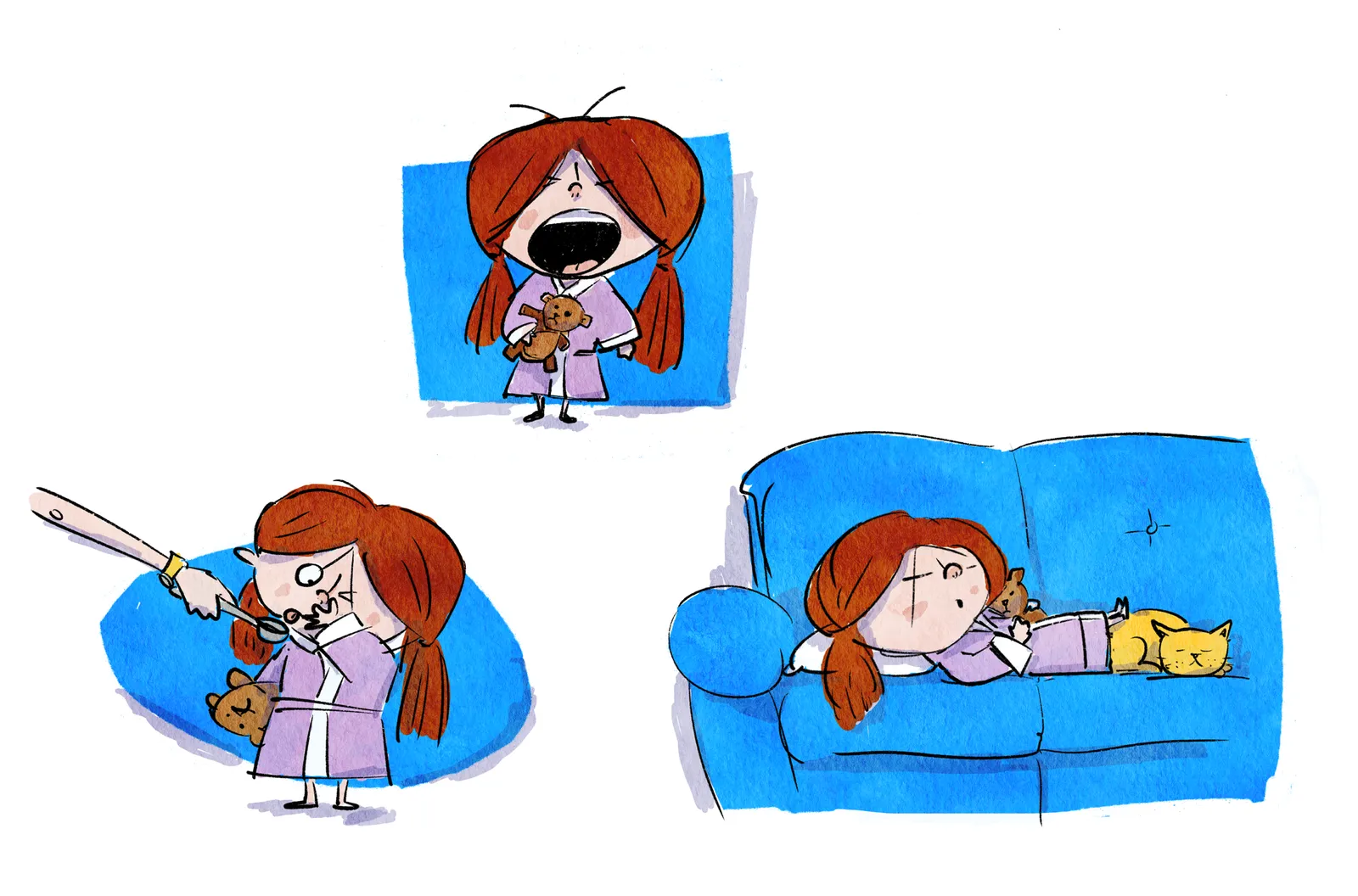 Studies of a sick girl sprawled on a blue couch with a teddy bear and an orange cat.