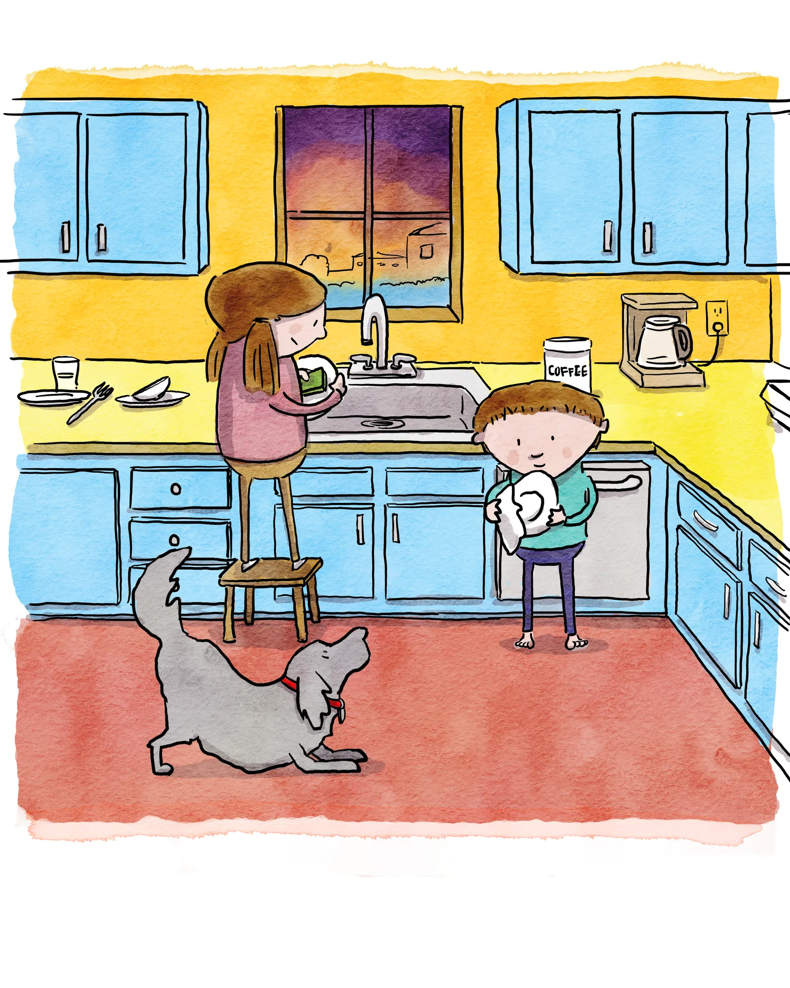 A sunny kitchen: a woman on a stool at the sink, a boy drying a dish, and a grey dog stretching, from Toby's a Mensch.