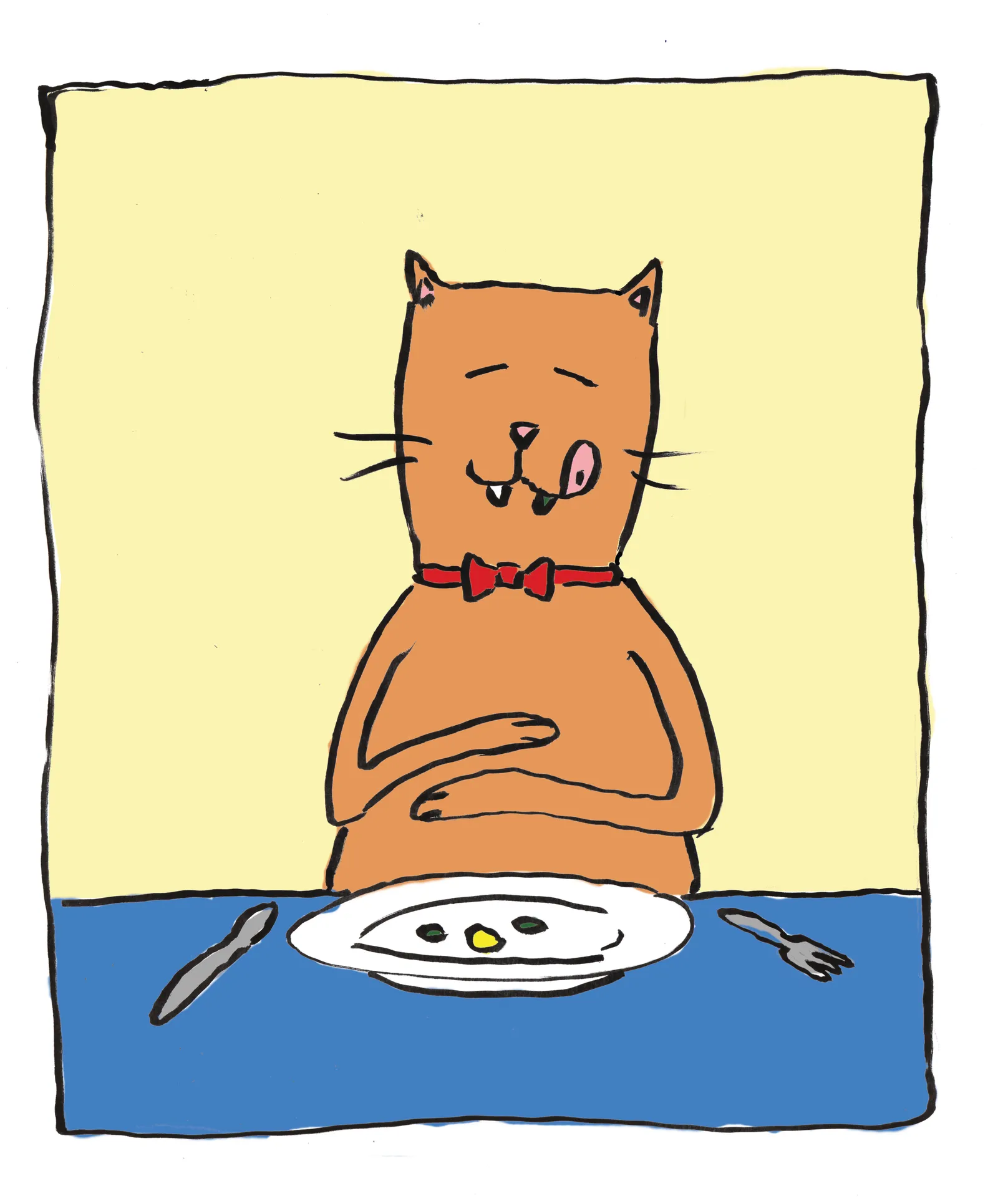 A cartoon cat in a red bow tie sits with arms crossed, glaring at a plate of peas.