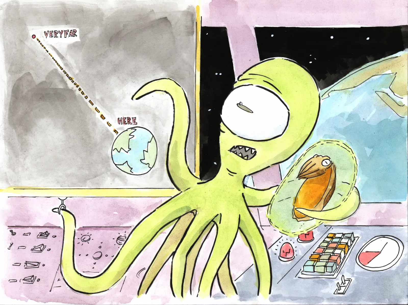 A green octopus pilots a spaceship; a wall map marks 'HERE' at Earth and 'VERY FAR' across the cabin, and it holds a fish in a bubble.