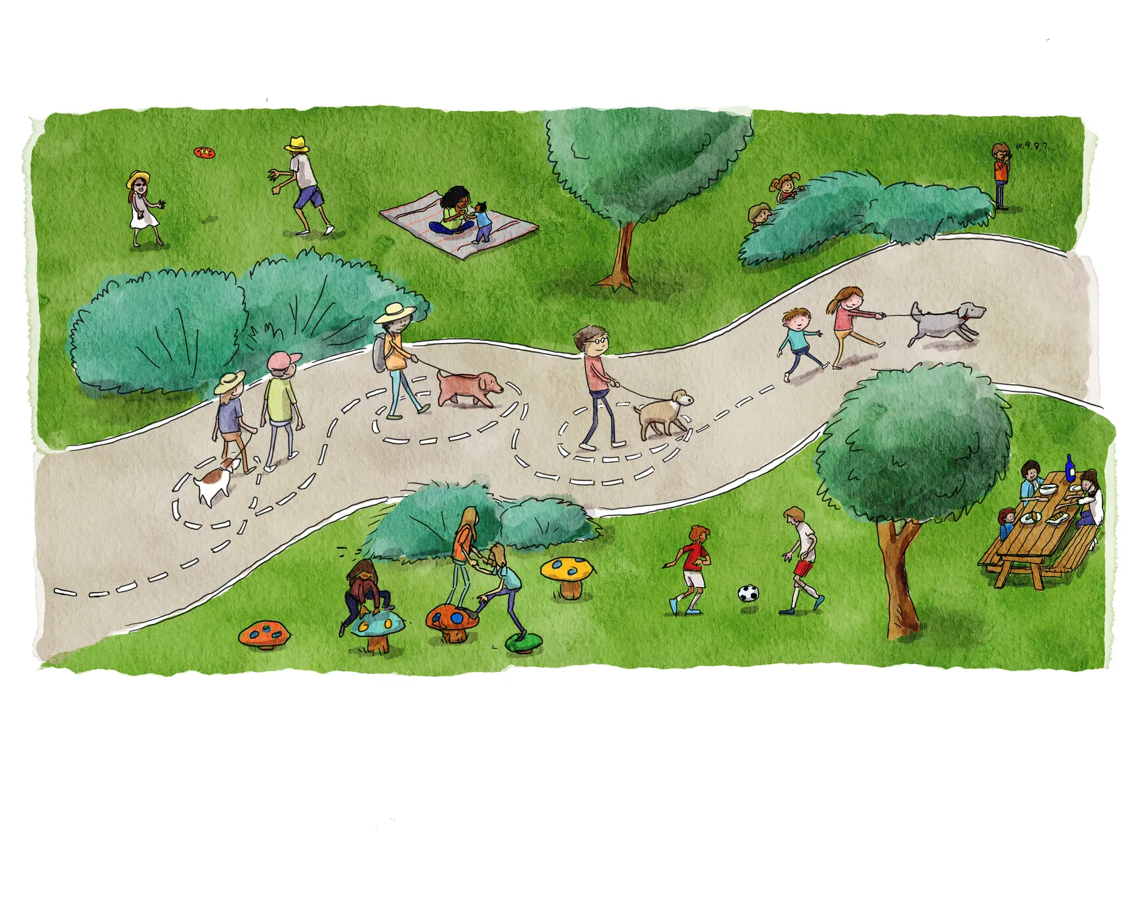 A busy, colorful park scene full of families, dogs, a picnic, soccer, and a playground, from Toby's a Mensch.