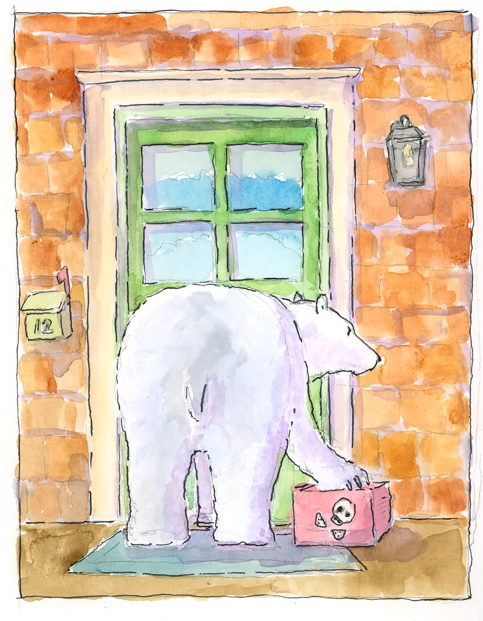 A polar bear at a brick doorway opens a pink package on the doormat.