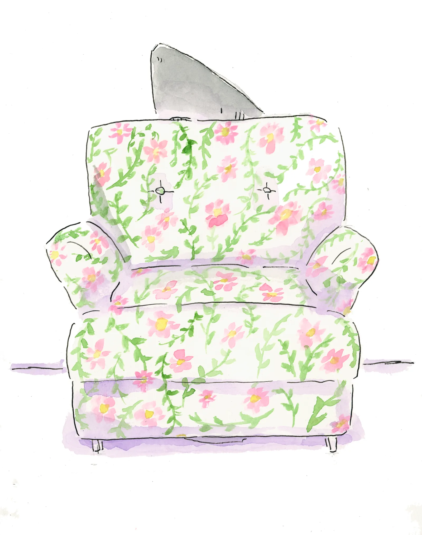 A shark fin pokes up from behind a floral-patterned armchair.