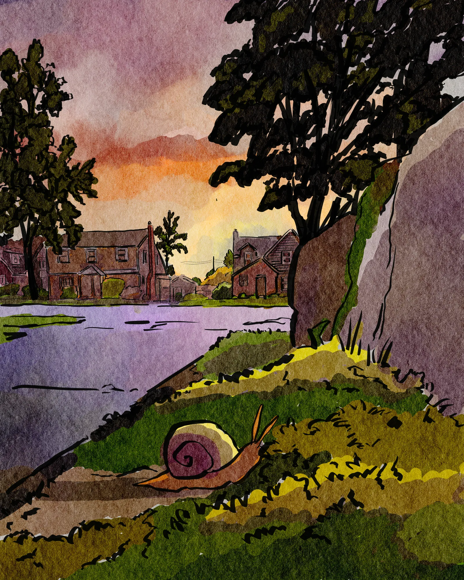 A snail rests on a mossy bank by still water at dusk, a small town glowing across the way.