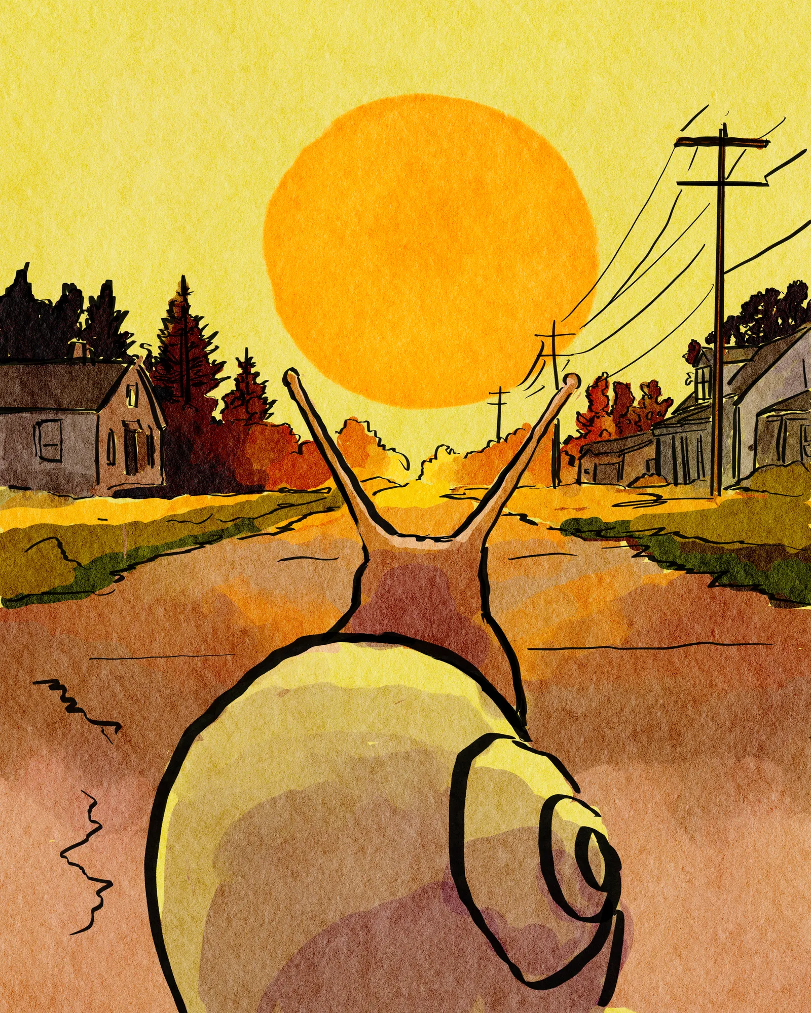 A snail seen from behind heads down a road toward a glowing sun over a small town.
