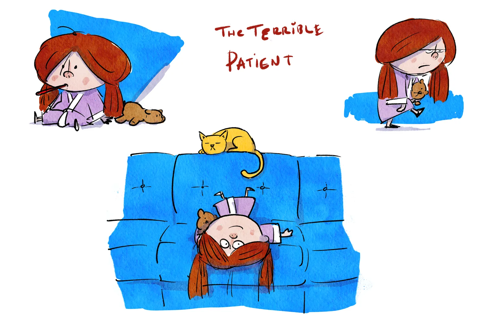 Several small studies of a grumpy sick girl in pajamas with a teddy bear and an orange cat, titled 'The Terrible Patient.'