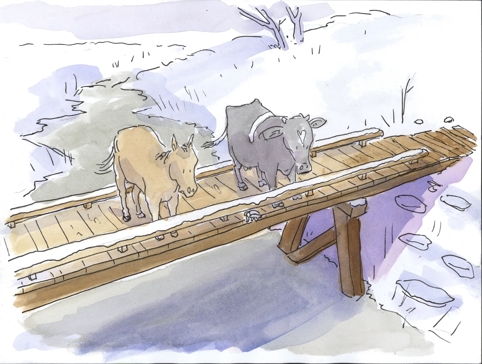 Two horses cross a snowy wooden footbridge over an icy creek in winter.