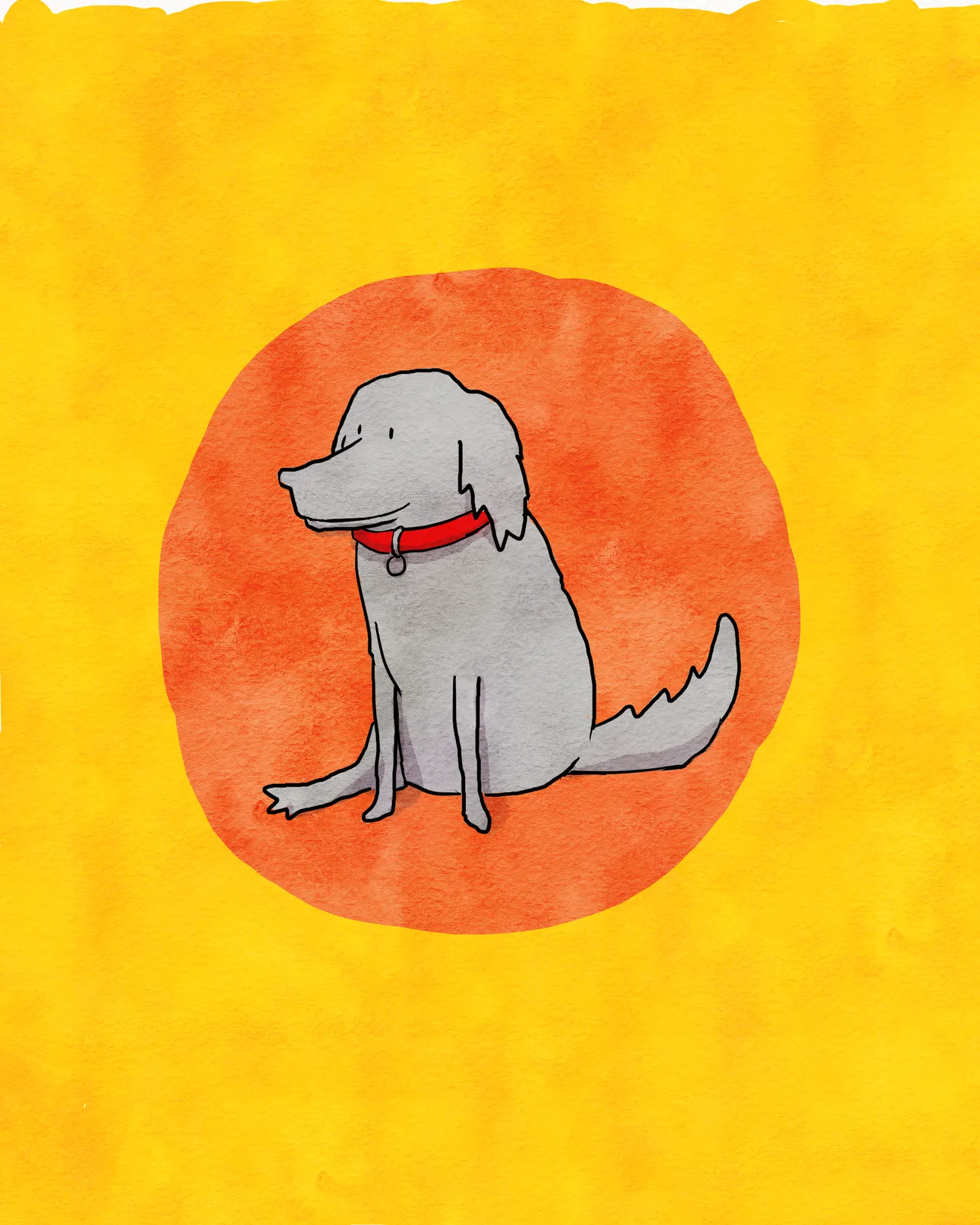 Watercolor illustration of Toby, a grey three-legged dog with a red collar, sitting on an orange circle against a sunny yellow background.